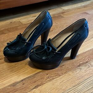 Italian Leather Platform High Heel Loafers in Dark Green